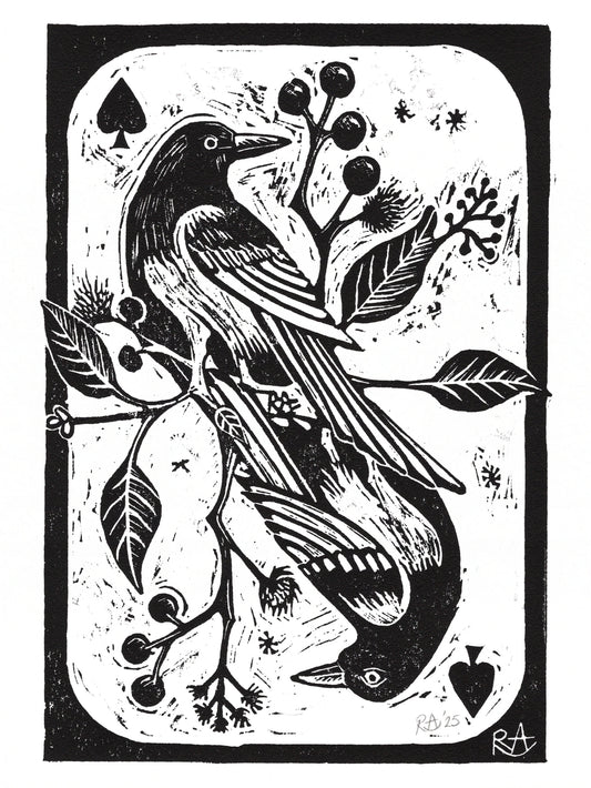 Two For Joy, Magpies & Ace of Spades - Linocut Art Print