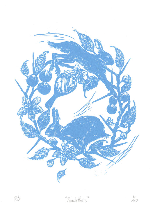 Blackthorn & Hares - Original Linocut Art Print