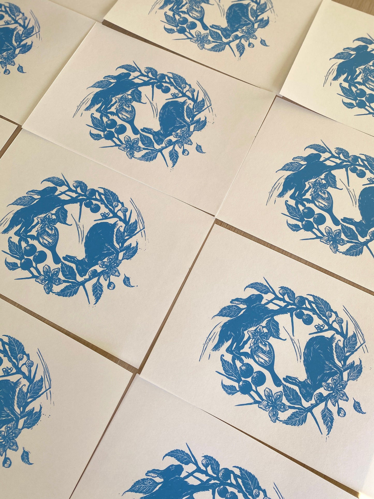 Blackthorn & Hares - Original Linocut Art Print