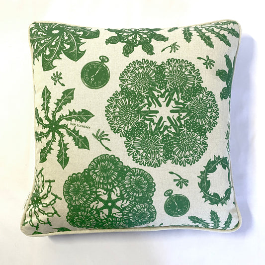 Dandelion Linoprint Print, Green & Natural Linen, Geometric Contemporary Floral Cushion Cover