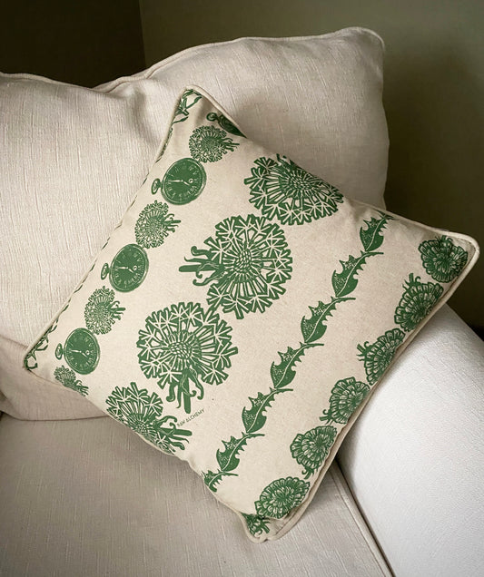 Dandelion Clocks, Natural Linen & Green Floral Stripe Cushion Cover