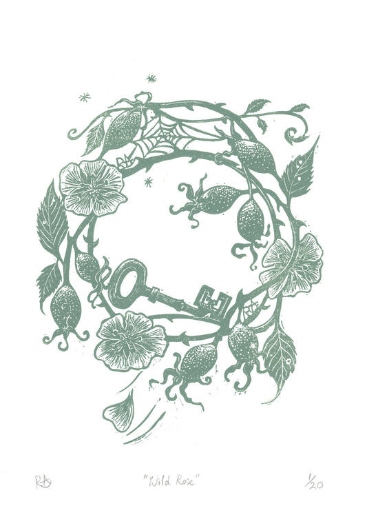Wild Roses with Key - Sage Green - Linocut Art Print