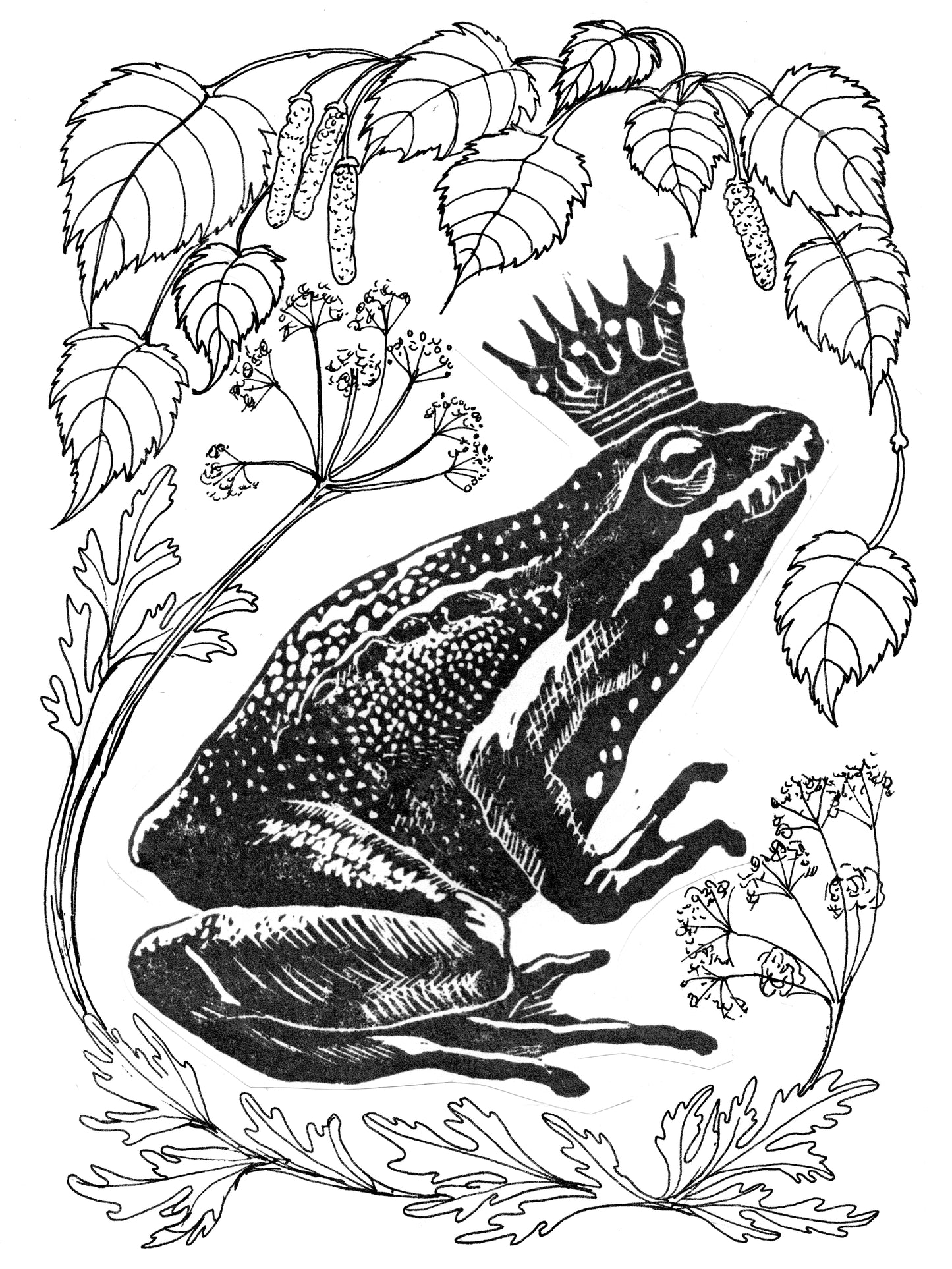Frog Prince Linocut Print: Limited Edition Green Art, Birch & Cow Parsley