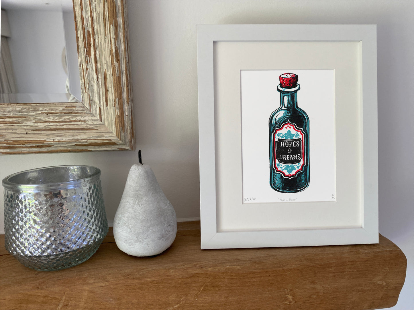 Hopes & Dreams - potion bottle lino print original handprinted artwork.