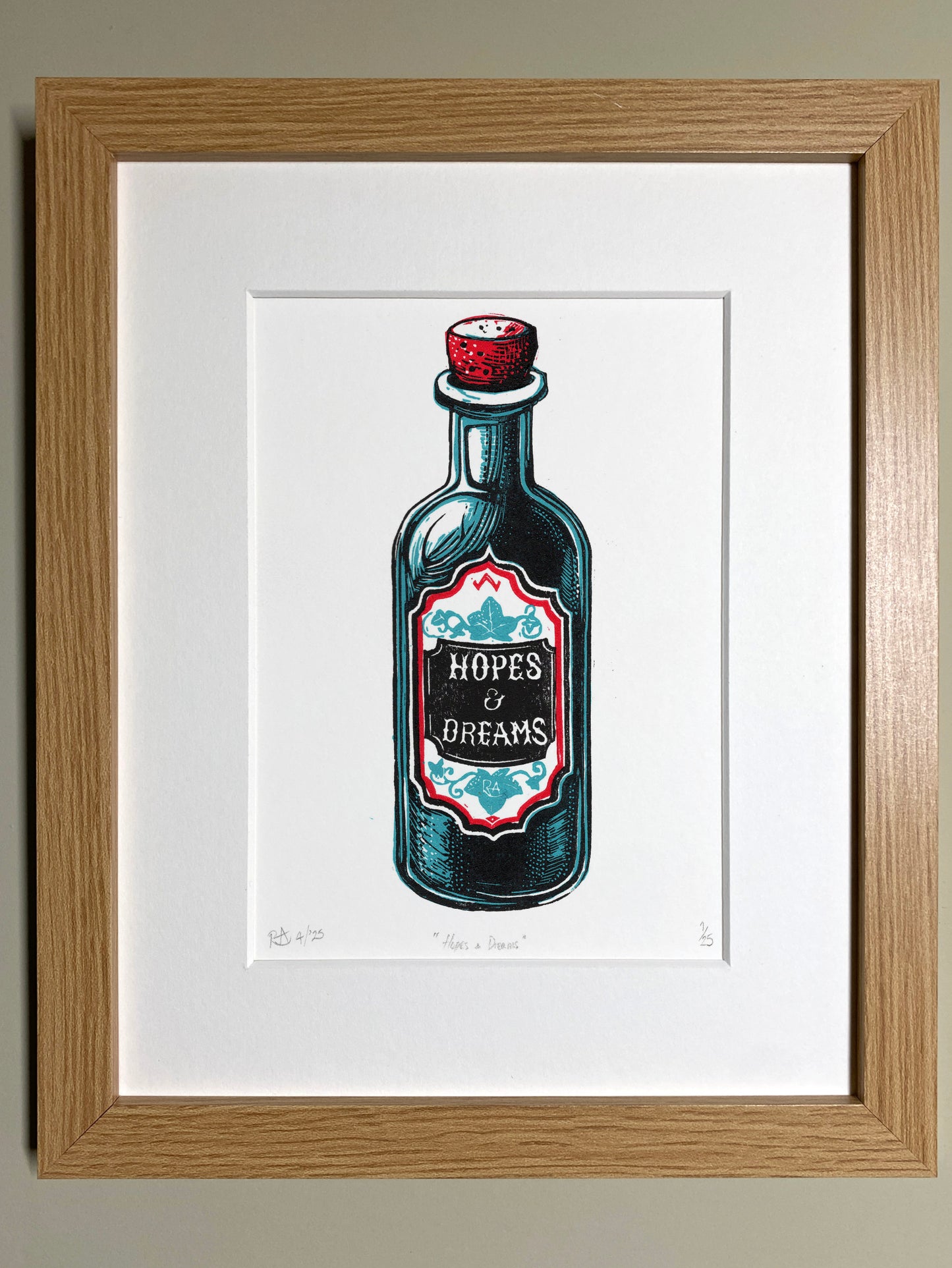 Hopes & Dreams - potion bottle lino print original handprinted artwork.