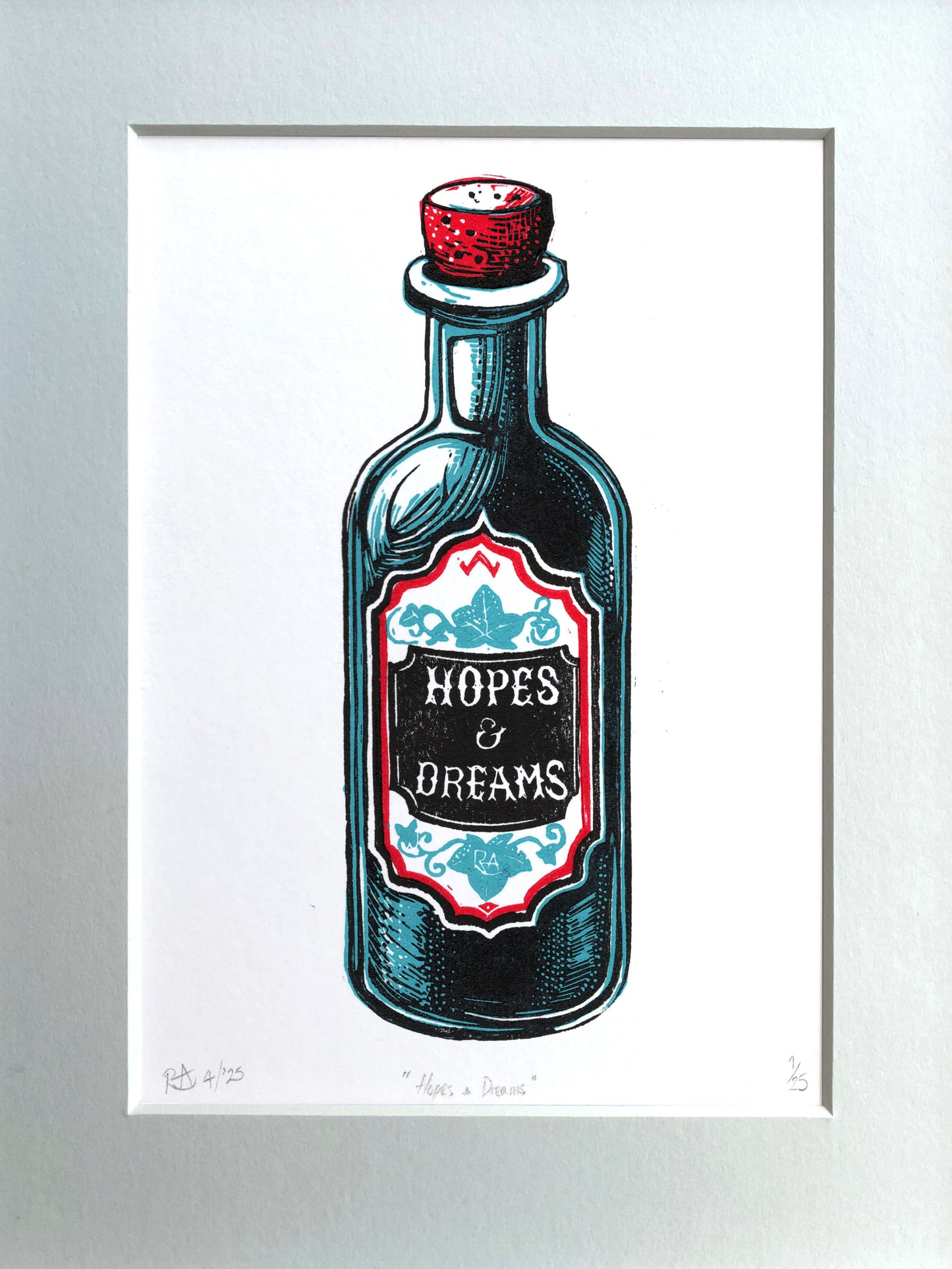 Hopes & Dreams - potion bottle lino print original handprinted artwork.