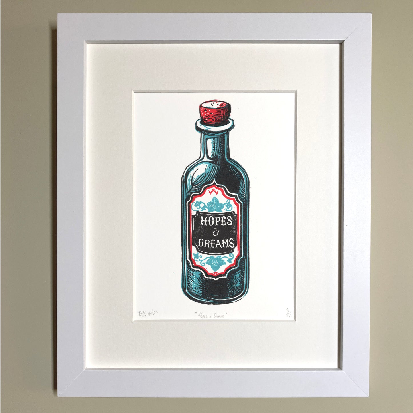 Hopes & Dreams - potion bottle lino print original handprinted artwork.