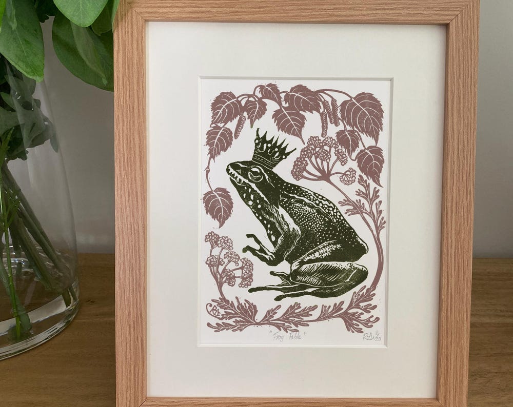 Frog Prince in Cowpat Green - Linocut Art Print