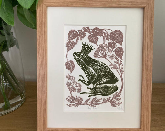 Frog Prince in Cowpat Green - Linocut Art Print