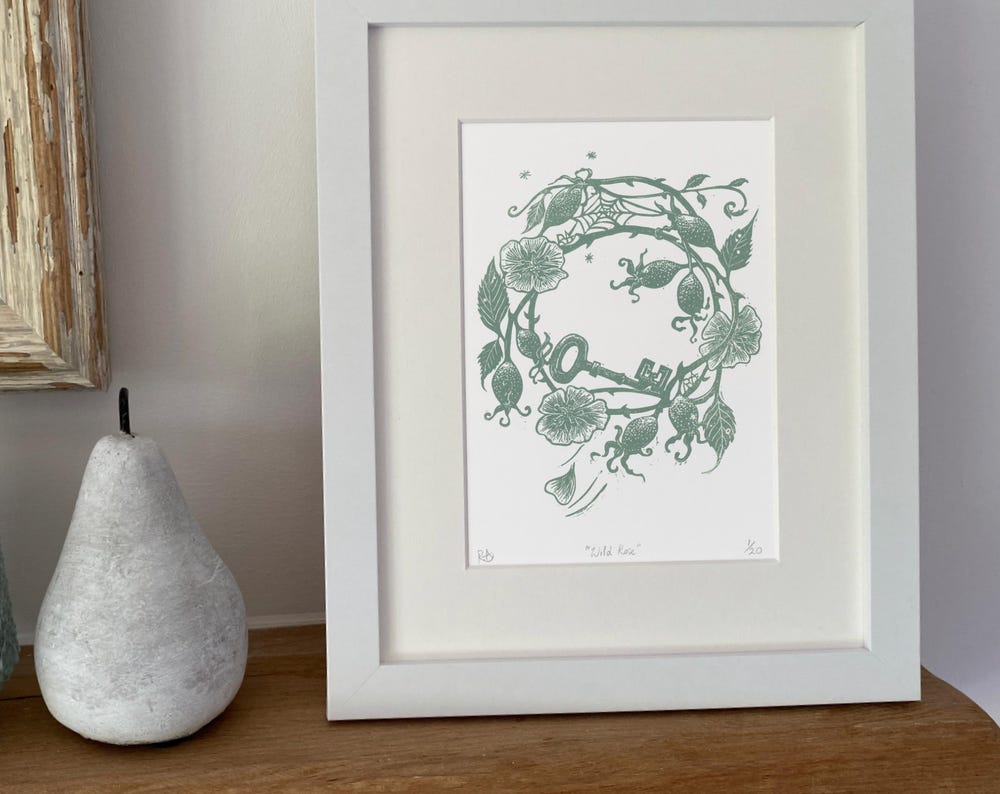 Wild Roses with Key - Sage Green - Linocut Art Print