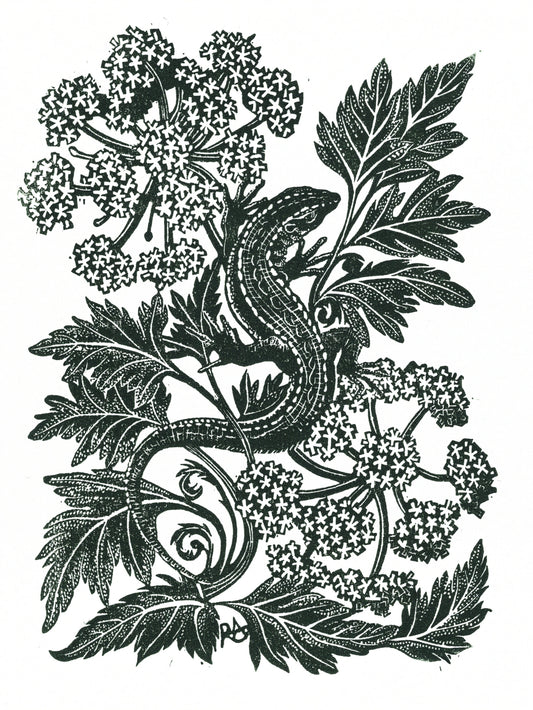 Lounging Lizard In Hemlock - Linocut Art Print