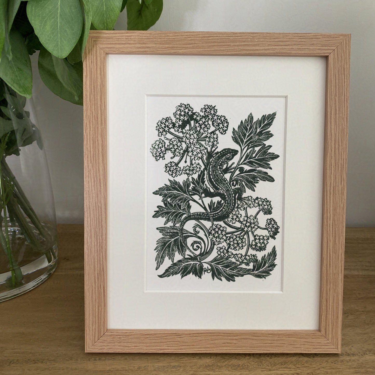 Lounging Lizard In Hemlock - Linocut Art Print
