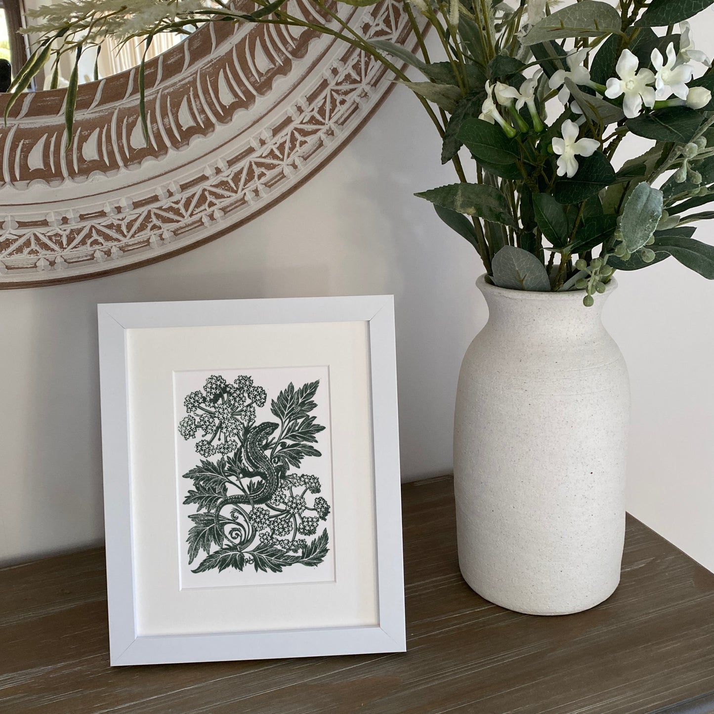 Lounging Lizard In Hemlock - Linocut Art Print