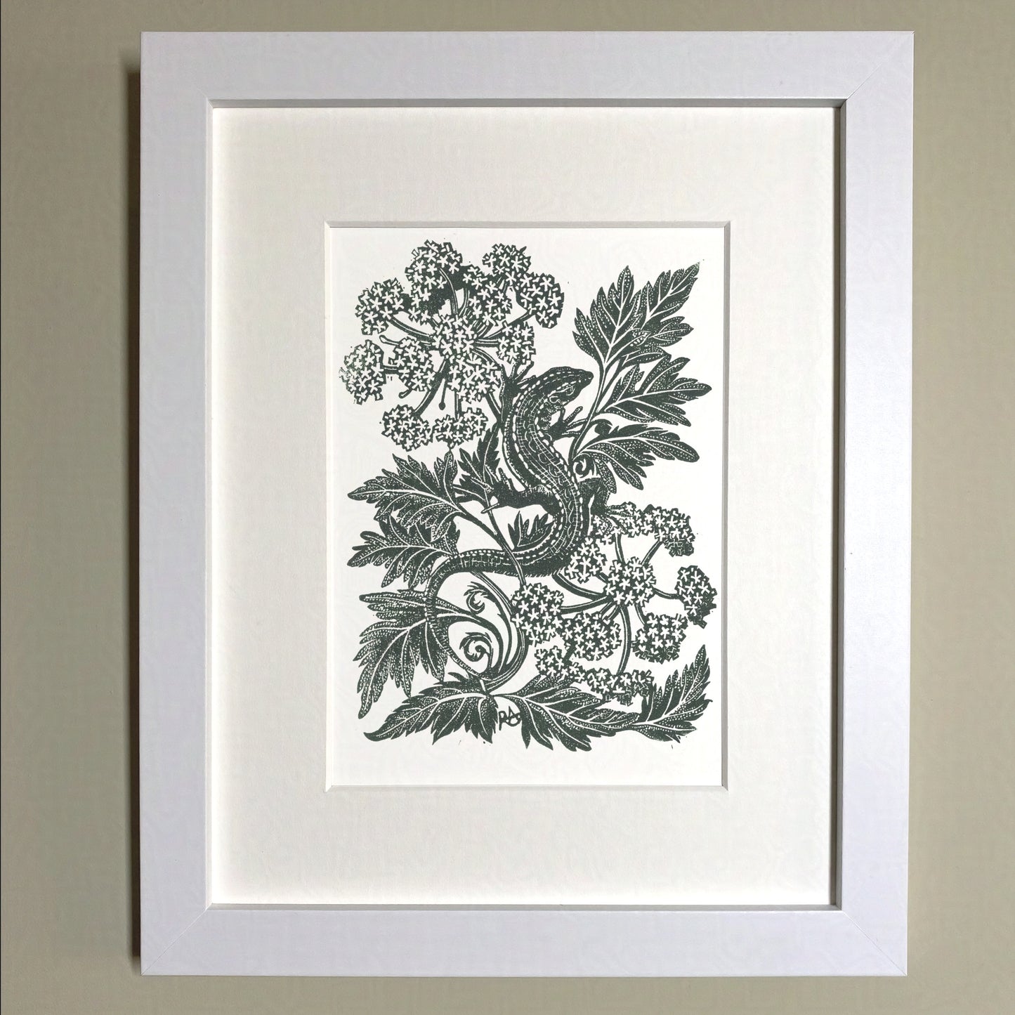 Lounging Lizard In Hemlock - Linocut Art Print