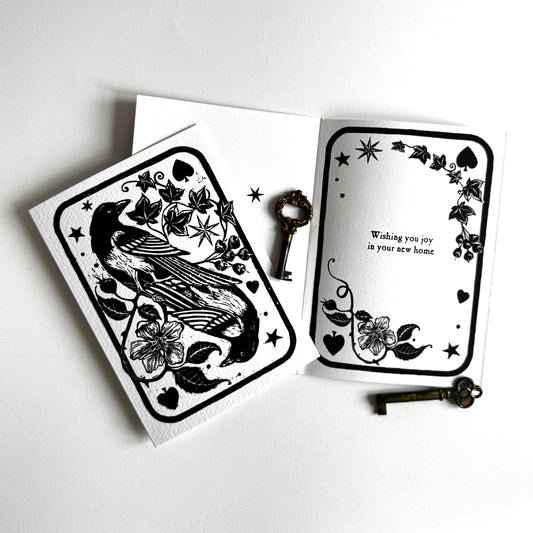 Handprinted Magpie Card, Vintage Art Keepsake, New Home, Luck, Joy