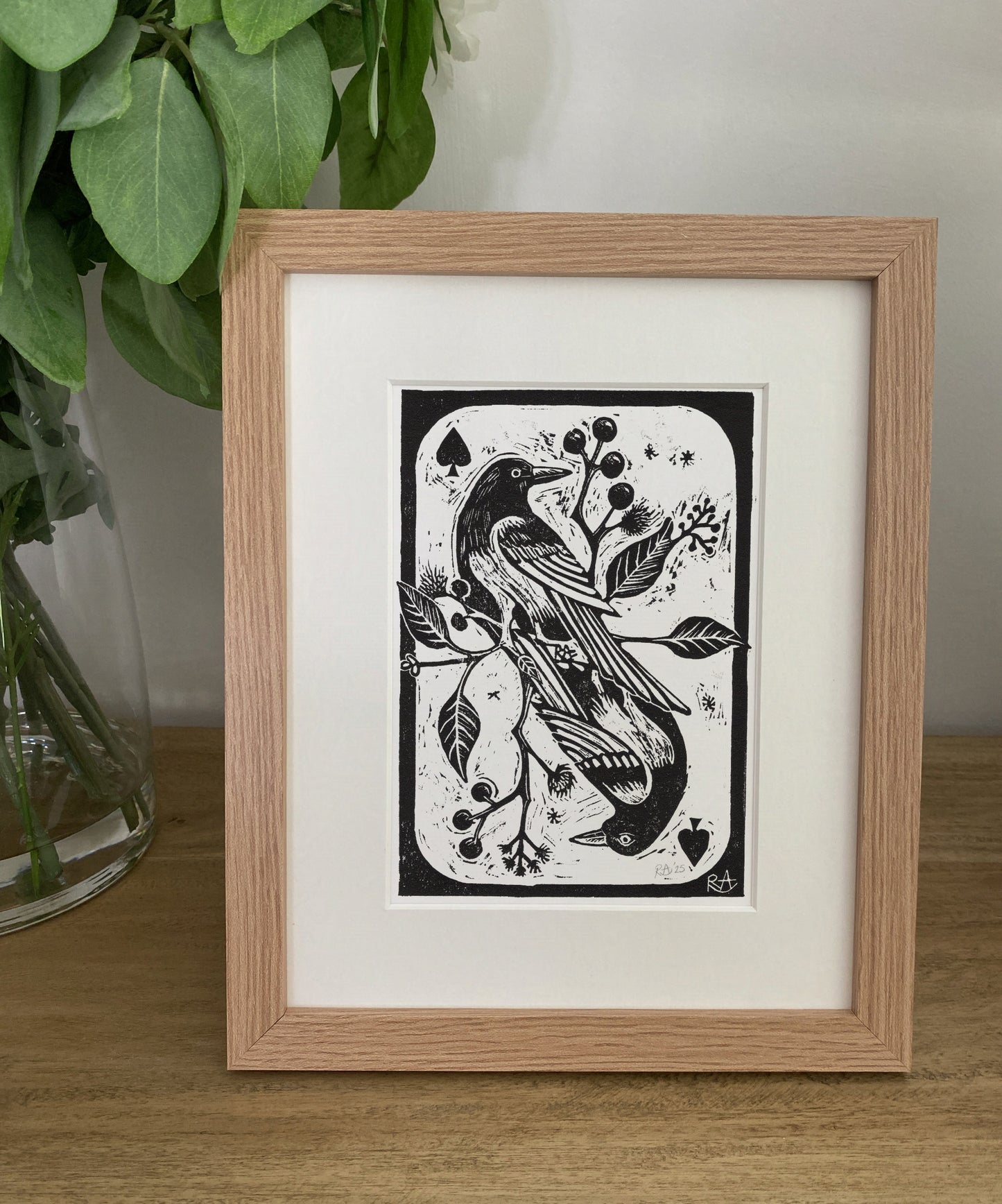 Two For Joy, Magpies & Ace of Spades - Linocut Art Print