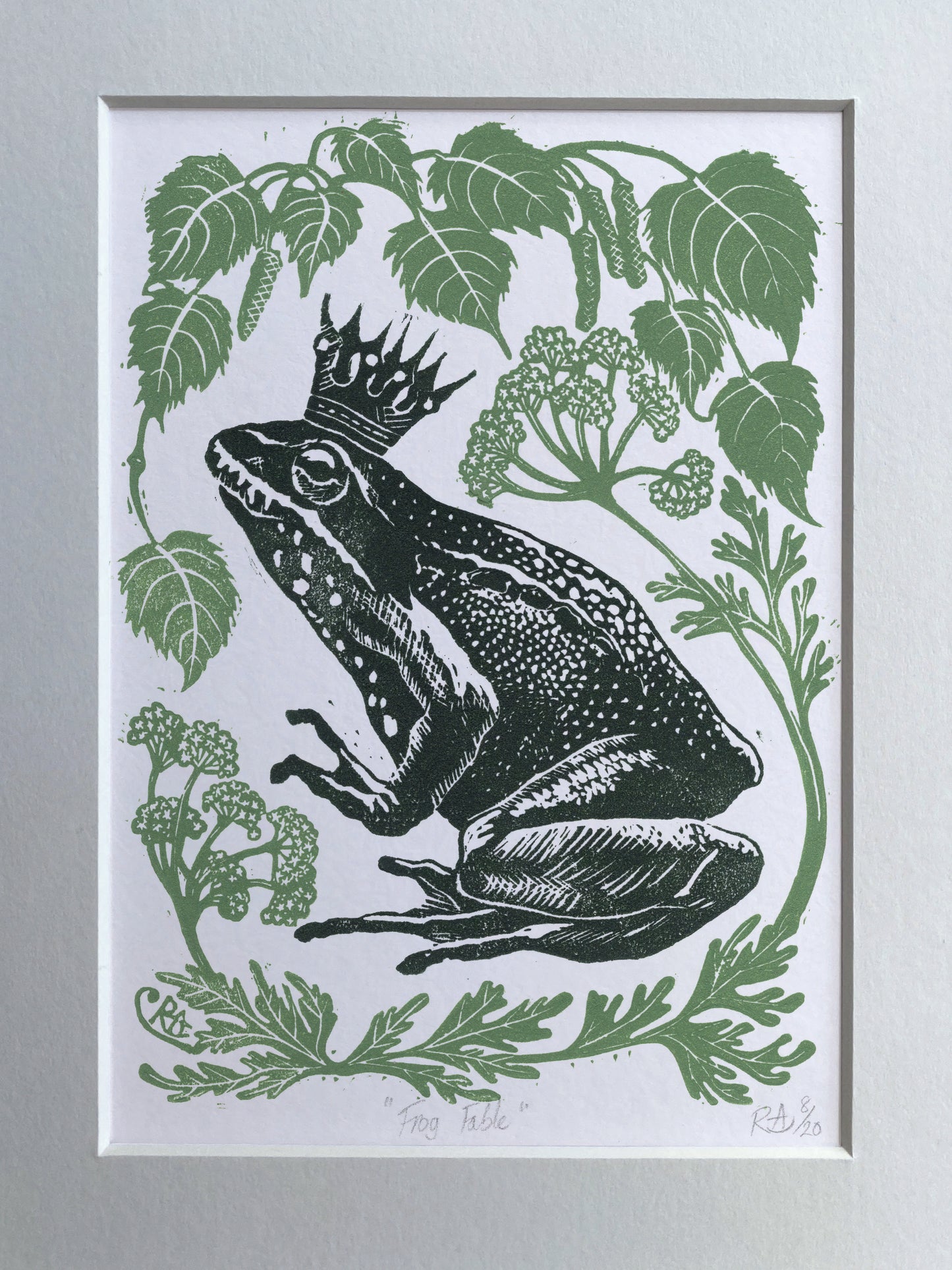 Frog Prince Linocut Print: Limited Edition Green Art, Birch & Cow Parsley