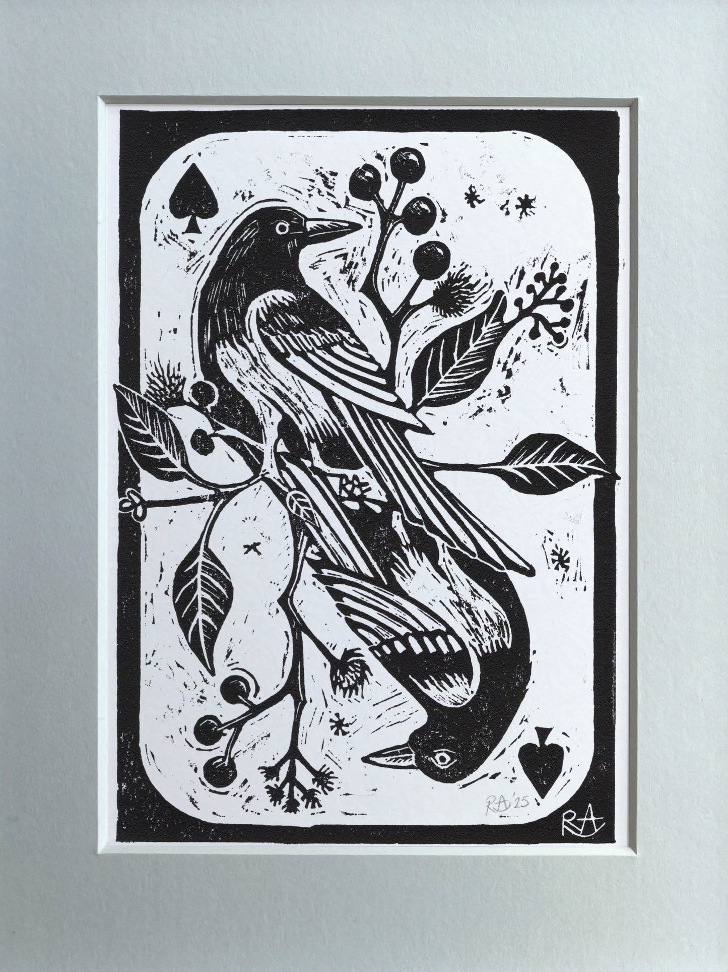 Two For Joy, Magpies & Ace of Spades - Linocut Art Print