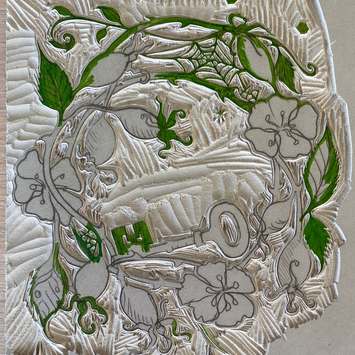 Wild Roses with Key - Sage Green - Linocut Art Print