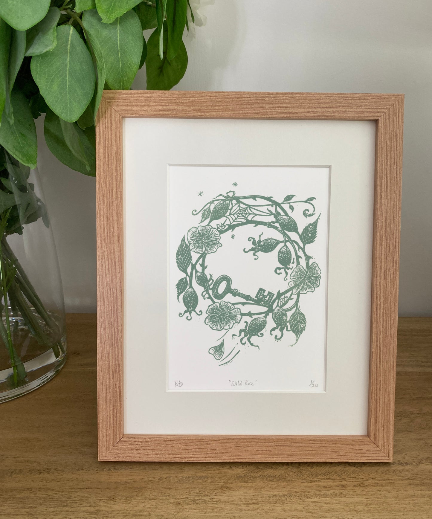 Wild Roses with Key - Sage Green - Linocut Art Print
