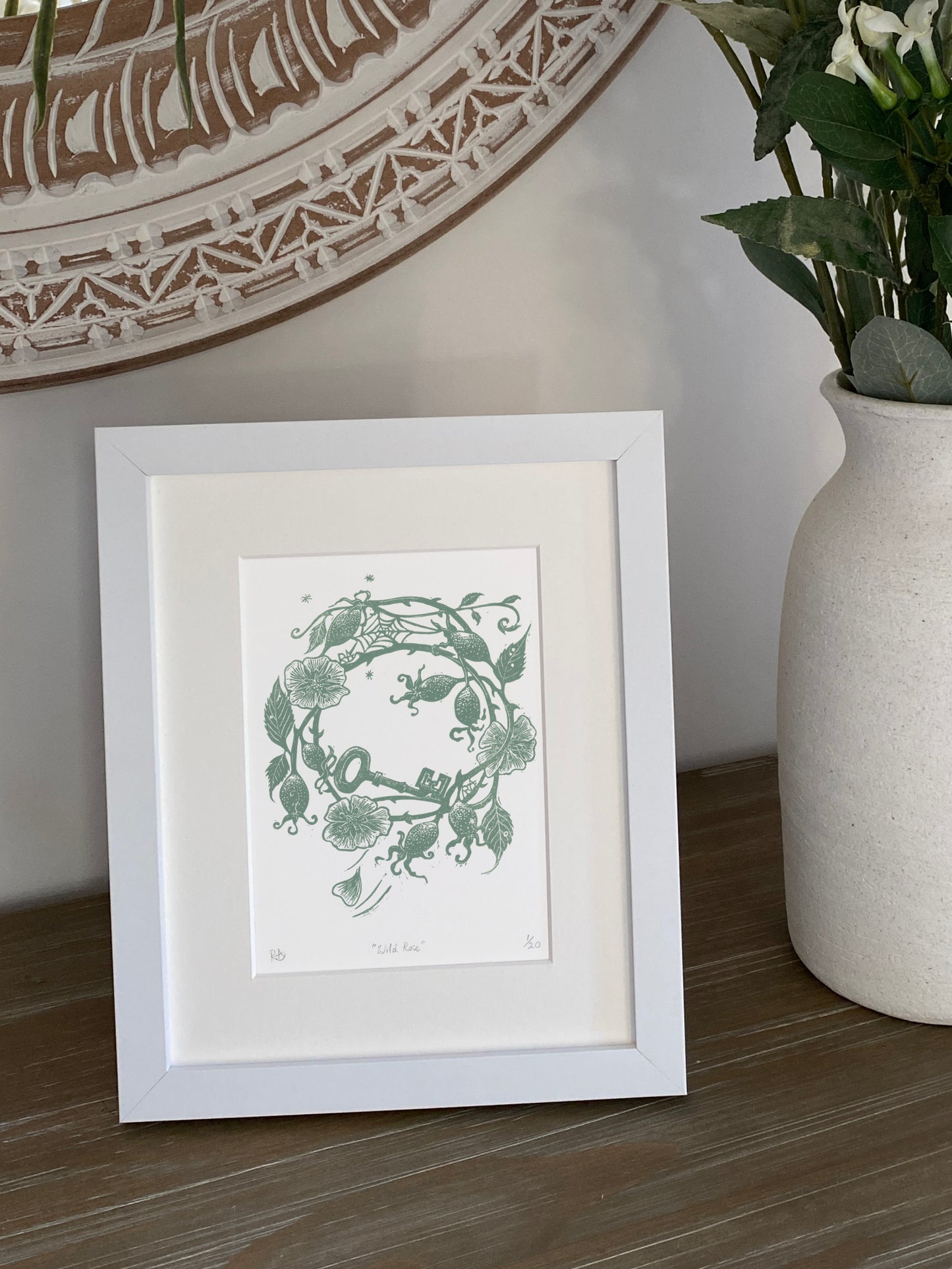 Wild Roses with Key - Sage Green - Linocut Art Print