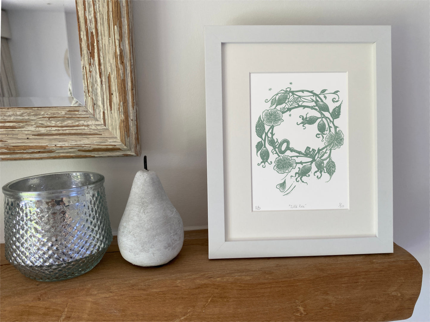 Wild Roses with Key - Sage Green - Linocut Art Print