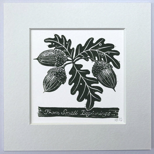 Small Beginnings - Acorn and Oak leaf mounted original linoprint art