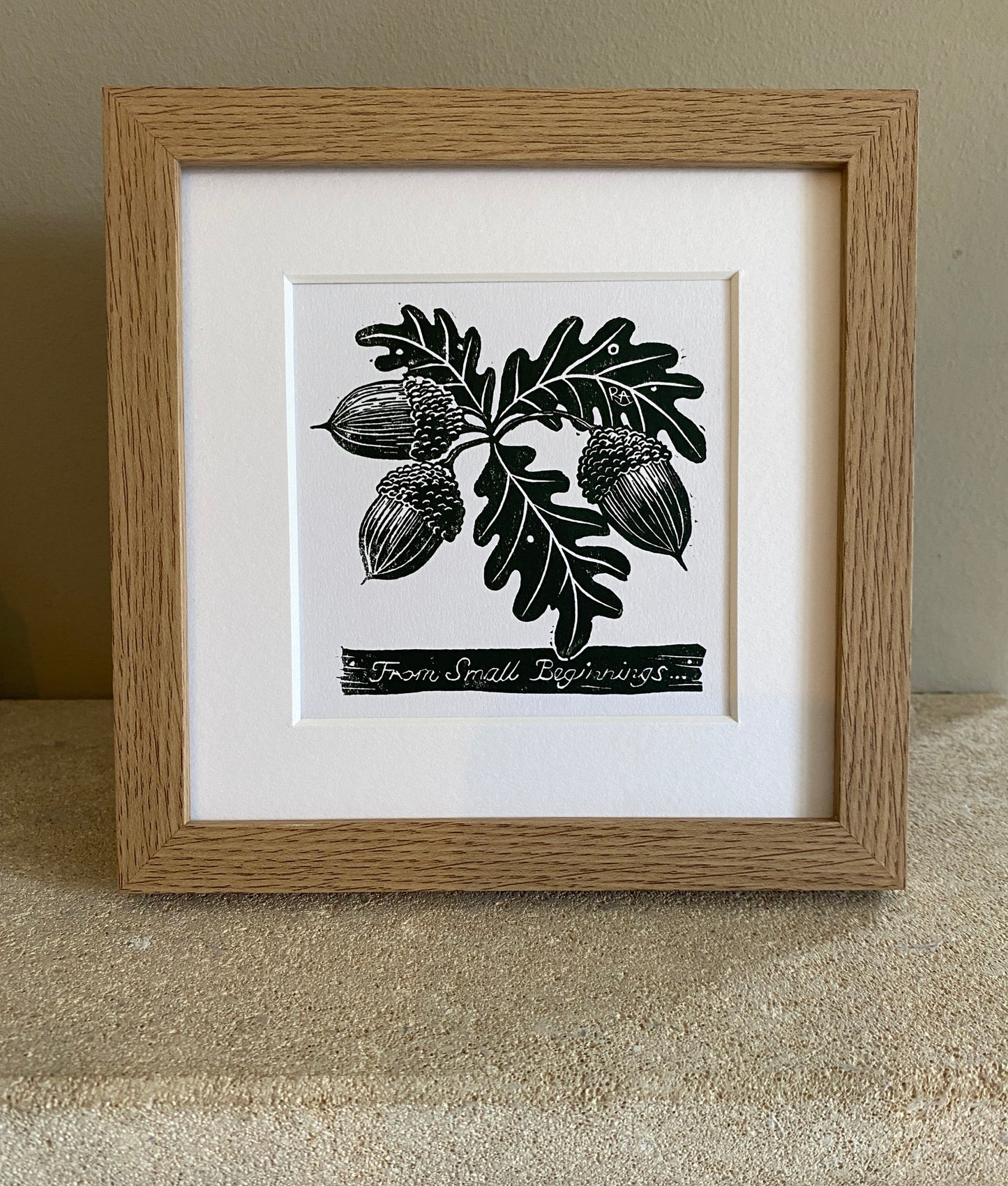 Small Beginnings - Acorn and Oak leaf mounted original linoprint art