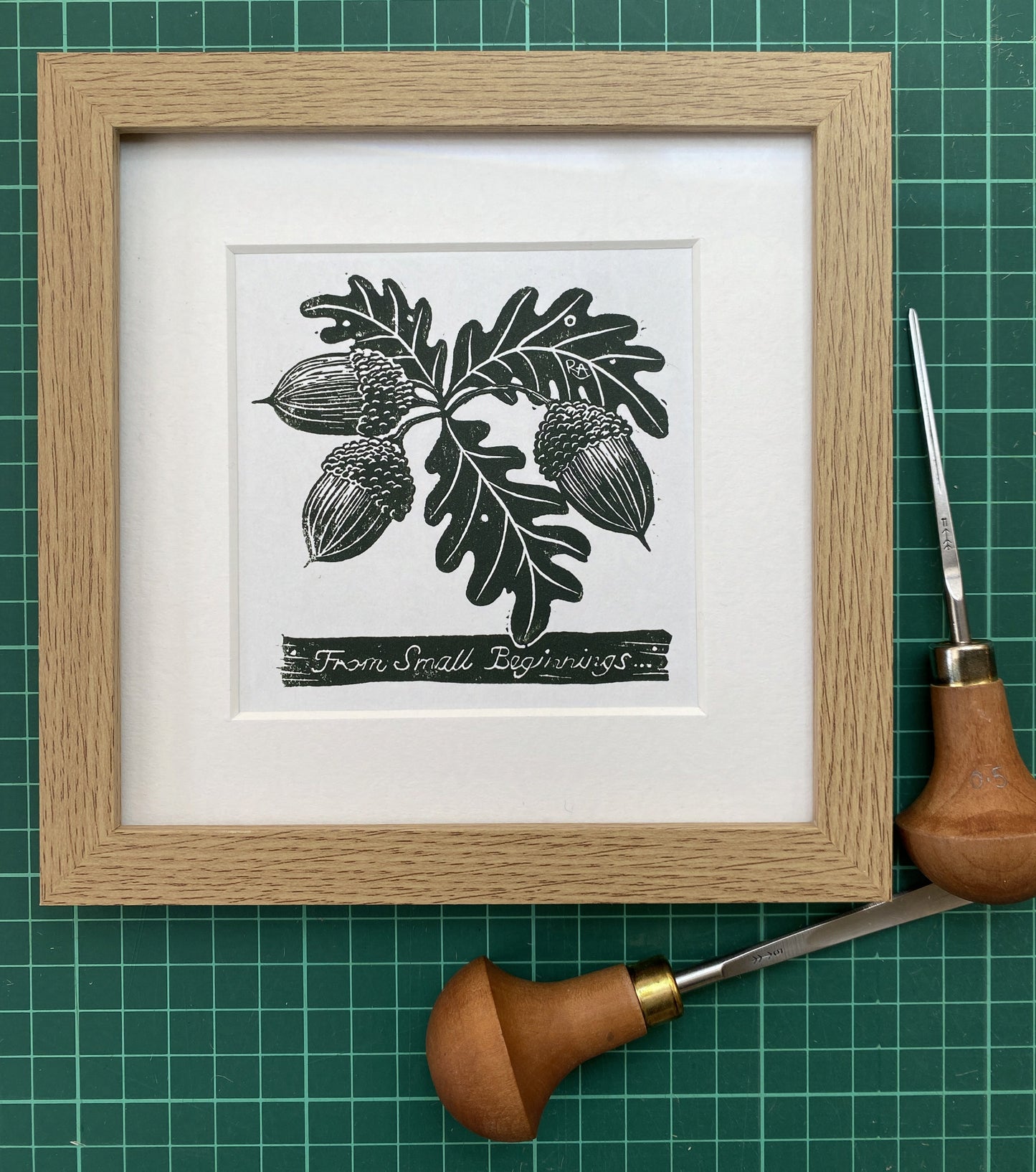 Small Beginnings - Acorn and Oak leaf mounted original linoprint art