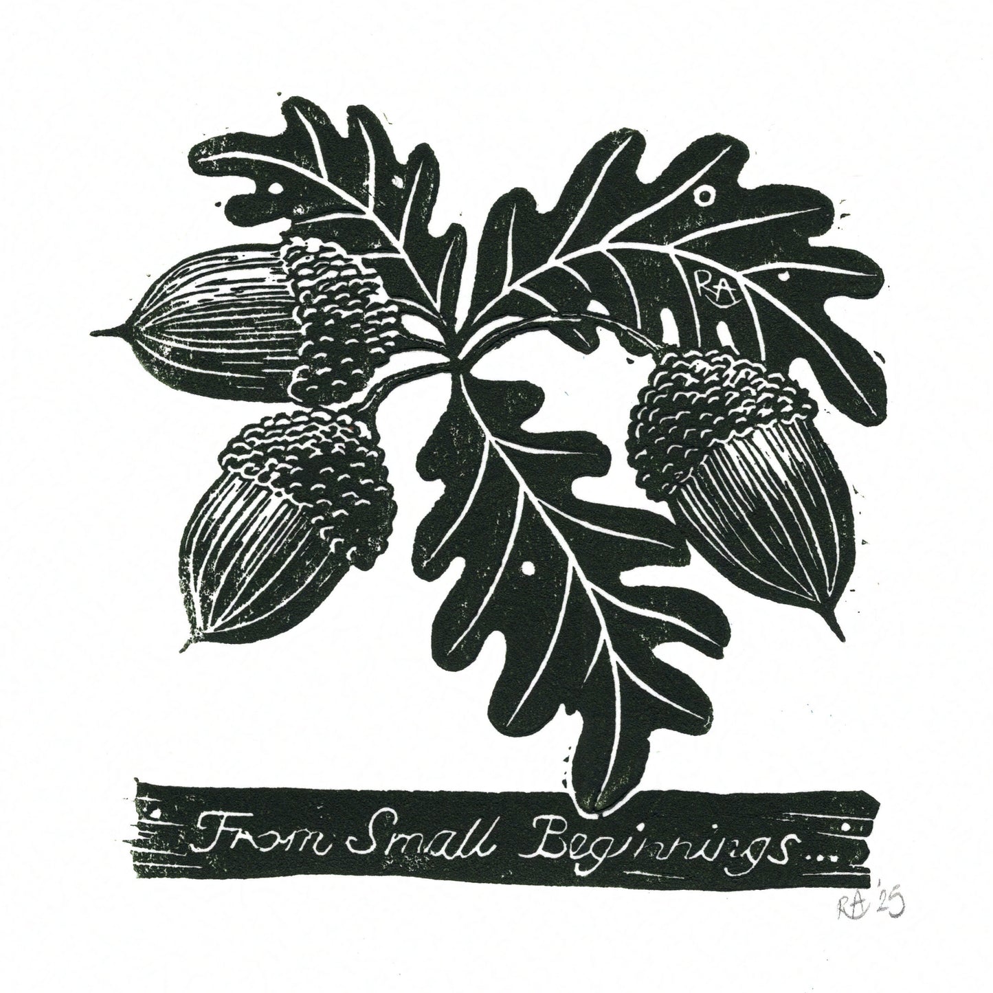 Small Beginnings - Acorn and Oak leaf mounted original linoprint art