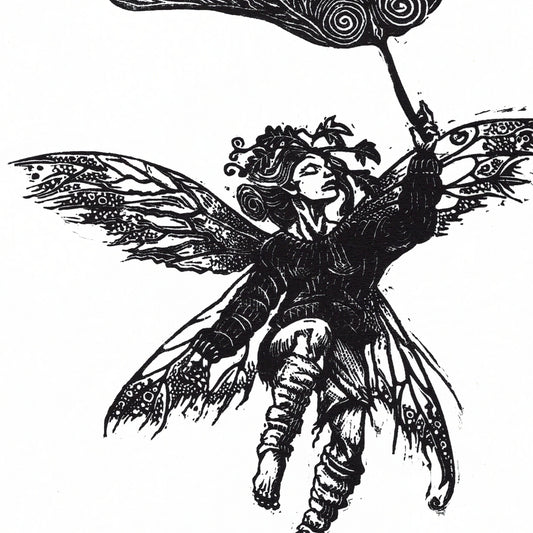 Fairy Linoprint: Sycamore Seed Pod Flight, Hand-Carved Black & White Art