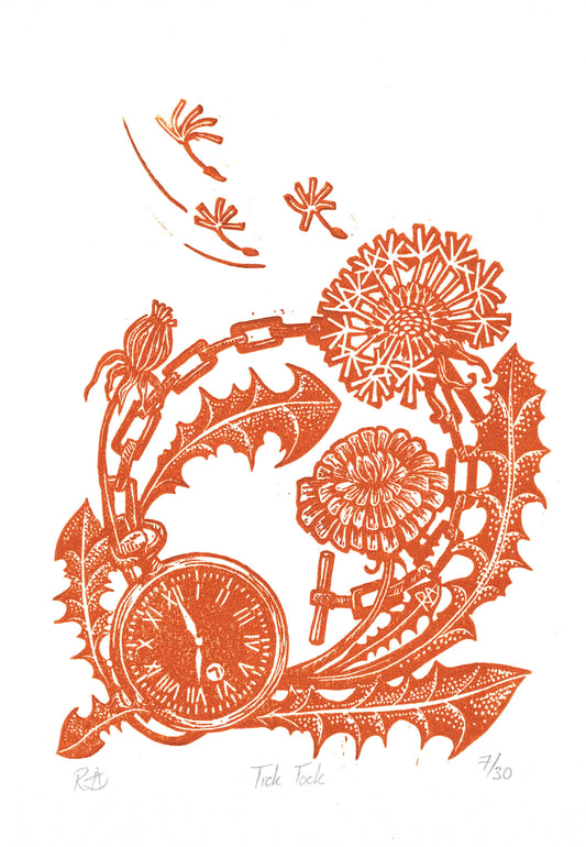 'Tick Tock' Dandelion Art Print - Rust Orange