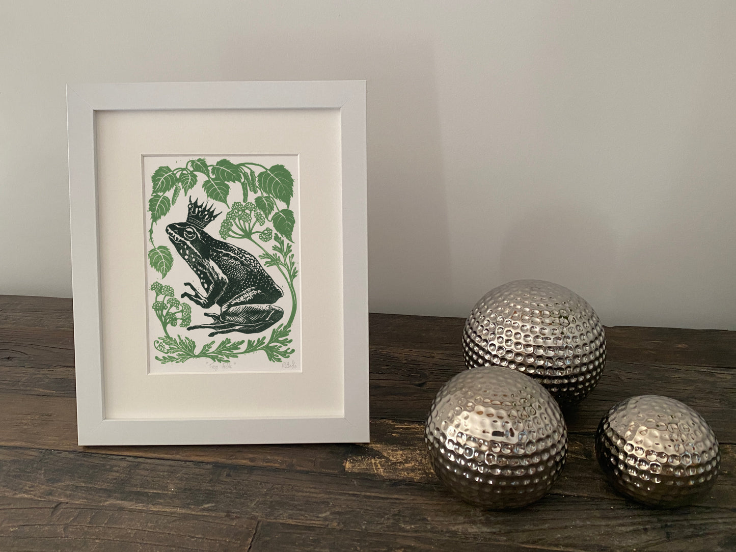 Frog Prince Linocut Print: Limited Edition Green Art, Birch & Cow Parsley