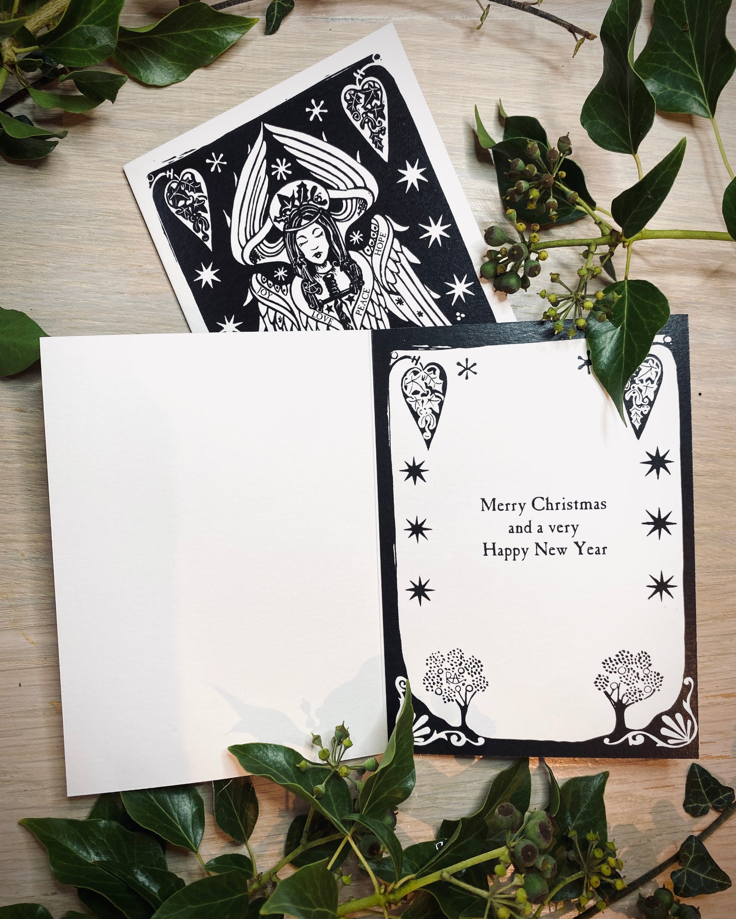 Medieval Angel & Yule Christmas Tree Luxury 300gsm Christmas Cards - Pack of 10 with Kraft Envelopes - original hardcarved lino design