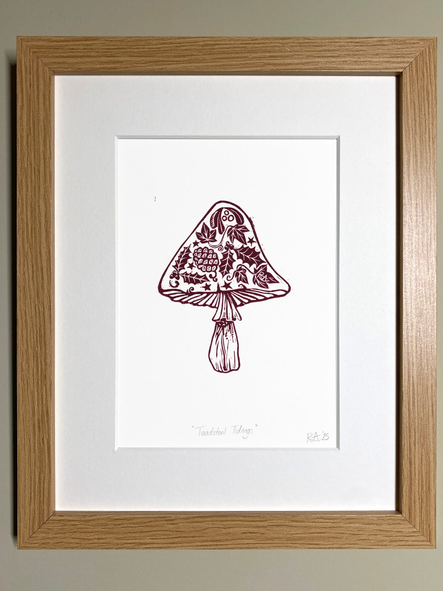 Framed artwork of a decorative mushroom on a white background