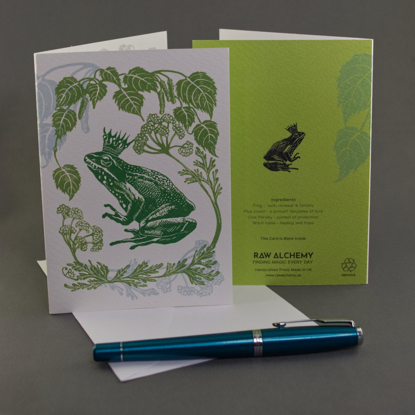 Frog greeting card front and back with a frog design and text.