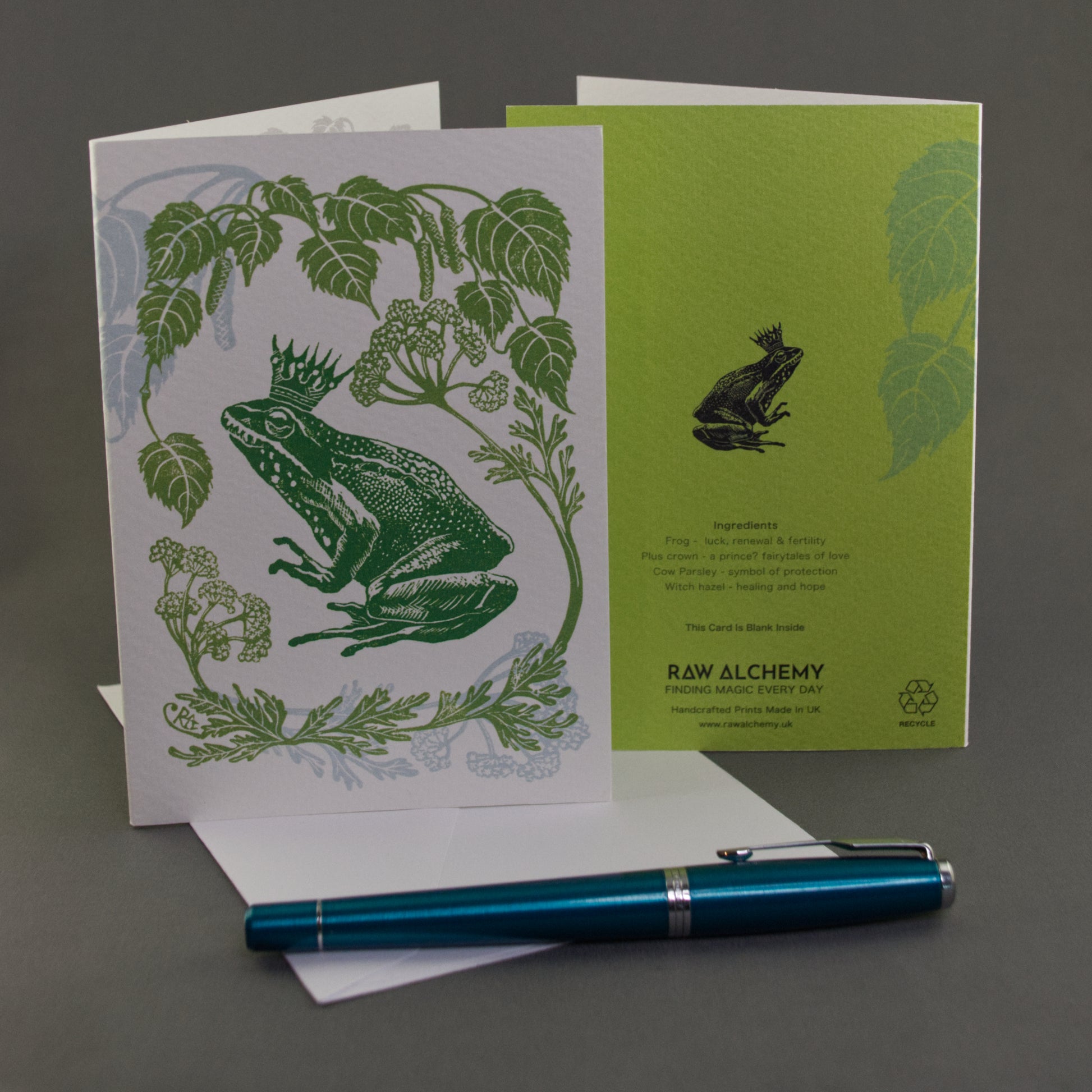 Frog greeting card front and back with a frog design and text.
