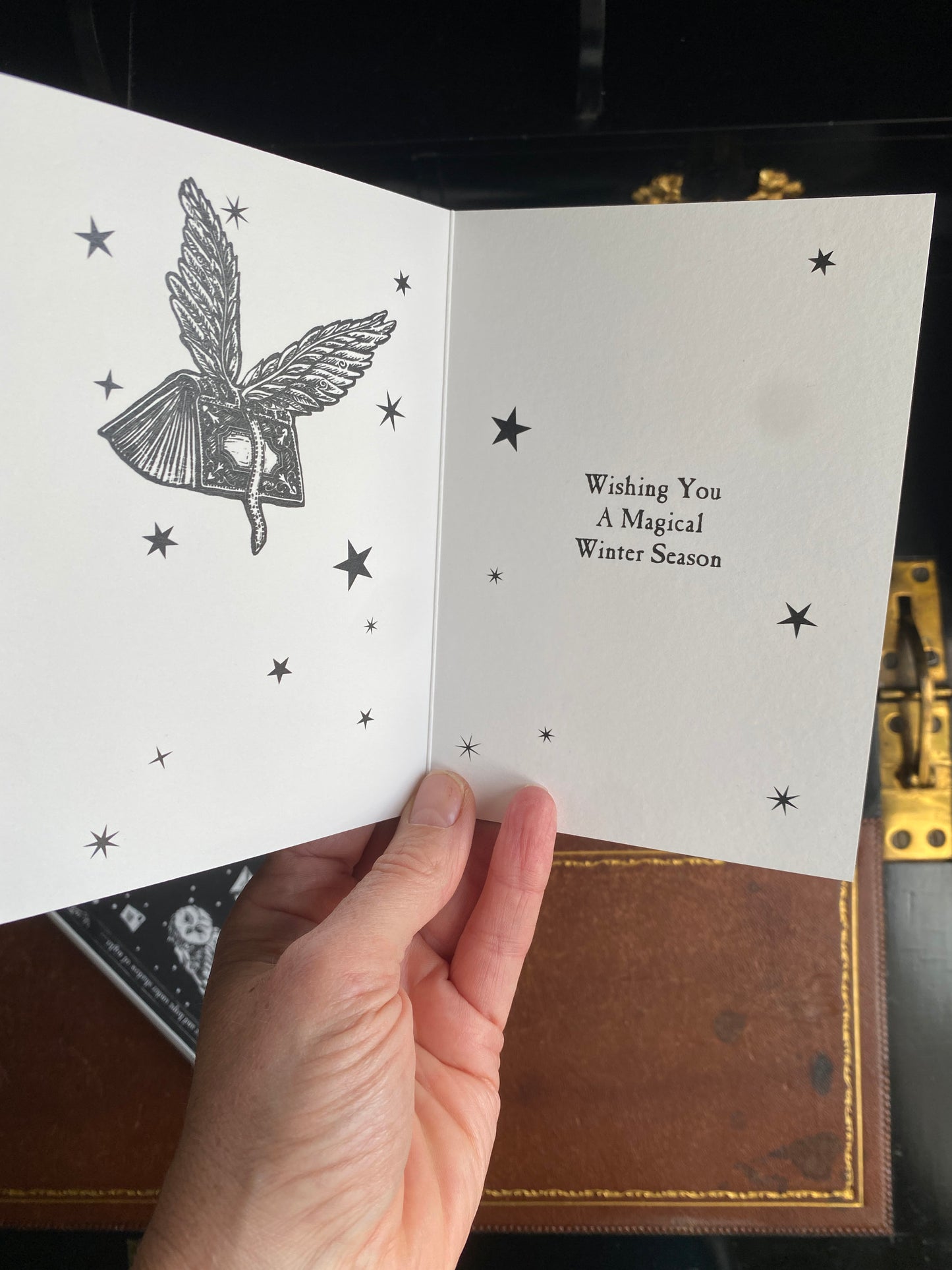 Hand holding a card with a winged heart illustration and text 'Wishing You A Magical Winter Season'.