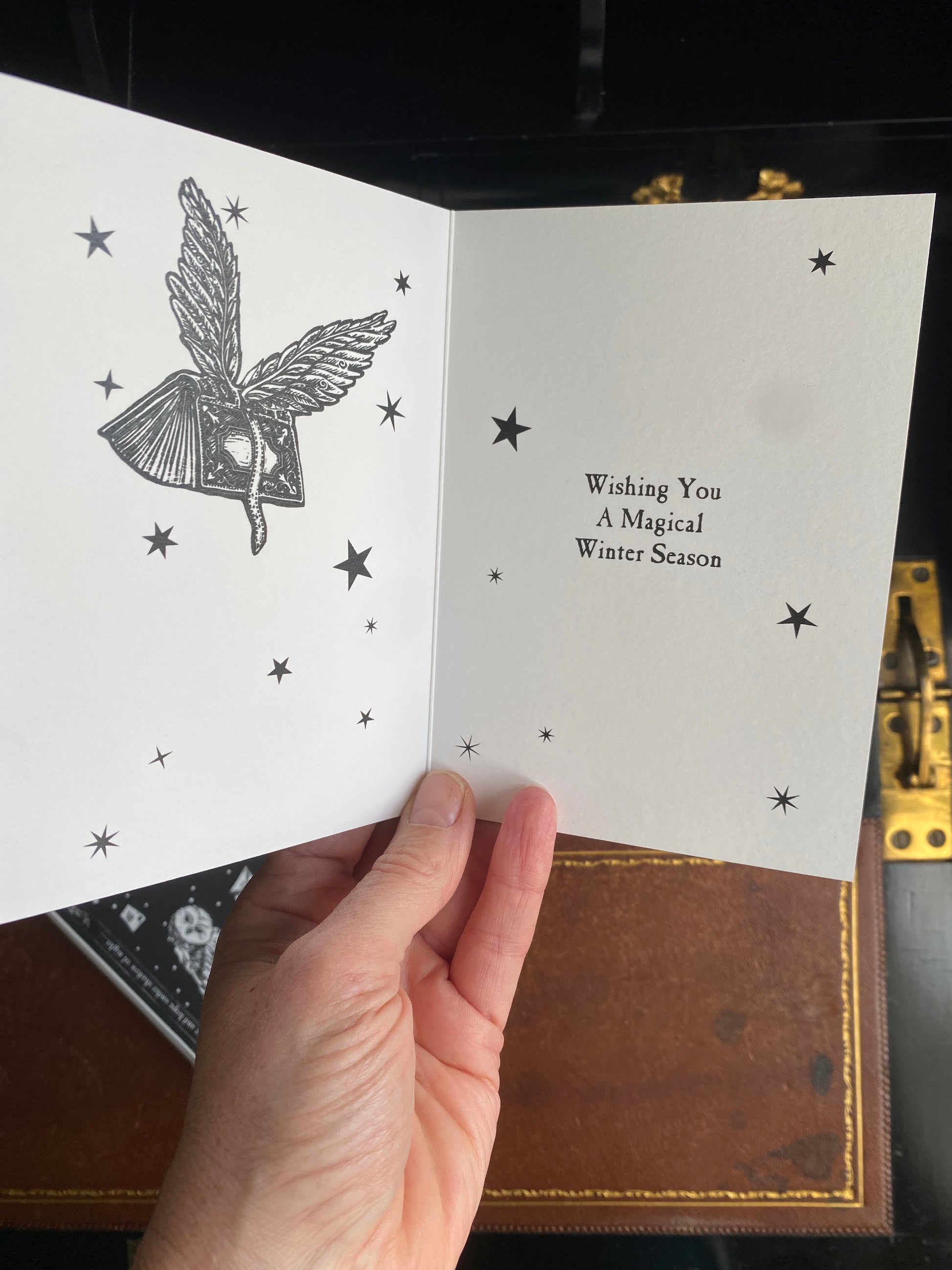 Hand holding a card with a winged heart illustration and text 'Wishing You A Magical Winter Season'.