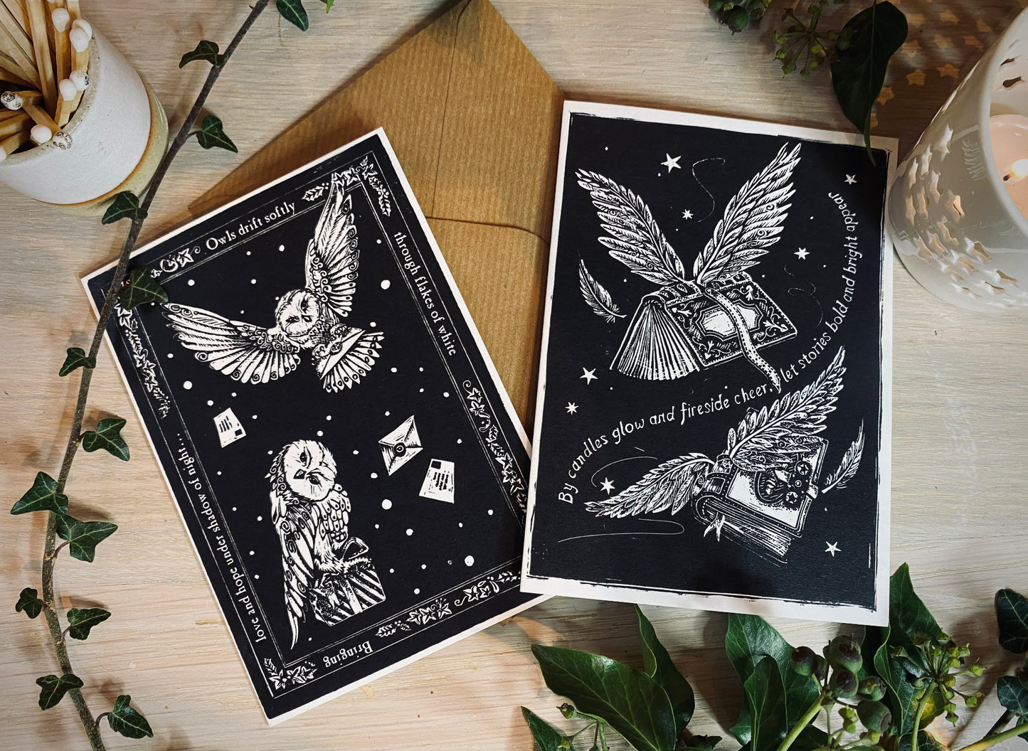 Owl Post & Magic Books Christmas Cards - Pack of 10 luxury 300gsm card with kraft envelopes