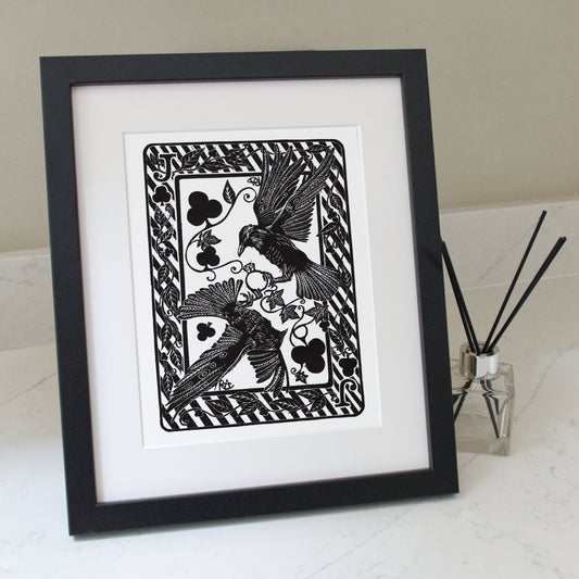 Jackdaws Stealing Ring Linocut Print: Handprinted Black and White Art