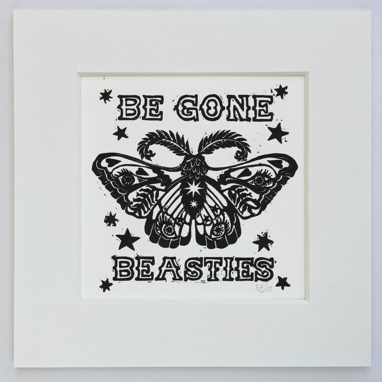 Black butterfly illustration with 'Be Gone Beasties' text on a white background