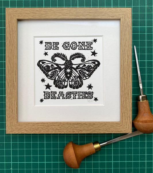 Be Gone Beasties: Moth Warning handcrafted linoprint