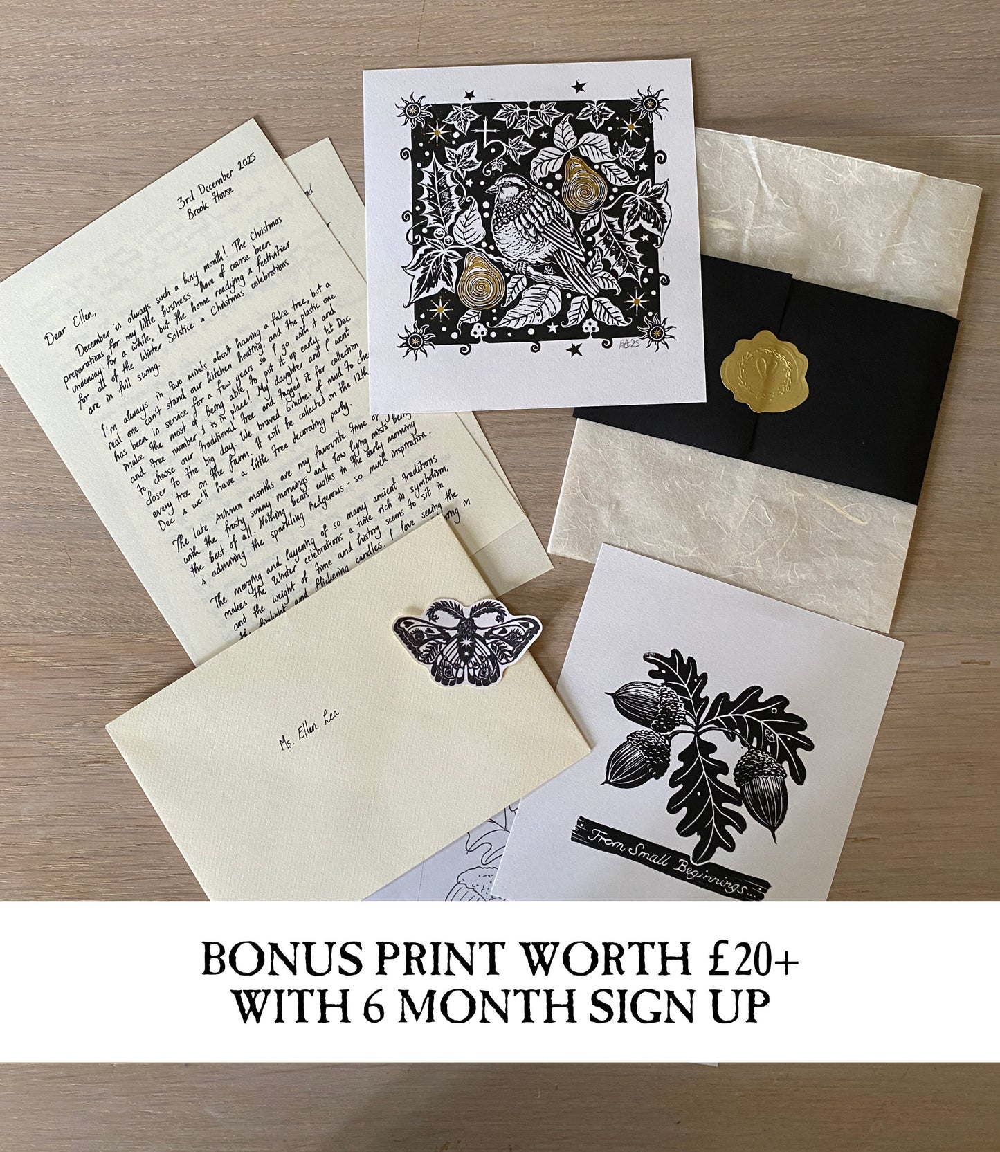 Monthly Art Gift Mail - Original Linoprint, letter, sticker and sketch delivered monthly