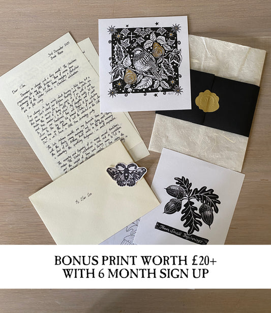 Monthly Art Gift Mail - Original Linoprint, letter, sticker and sketch delivered monthly