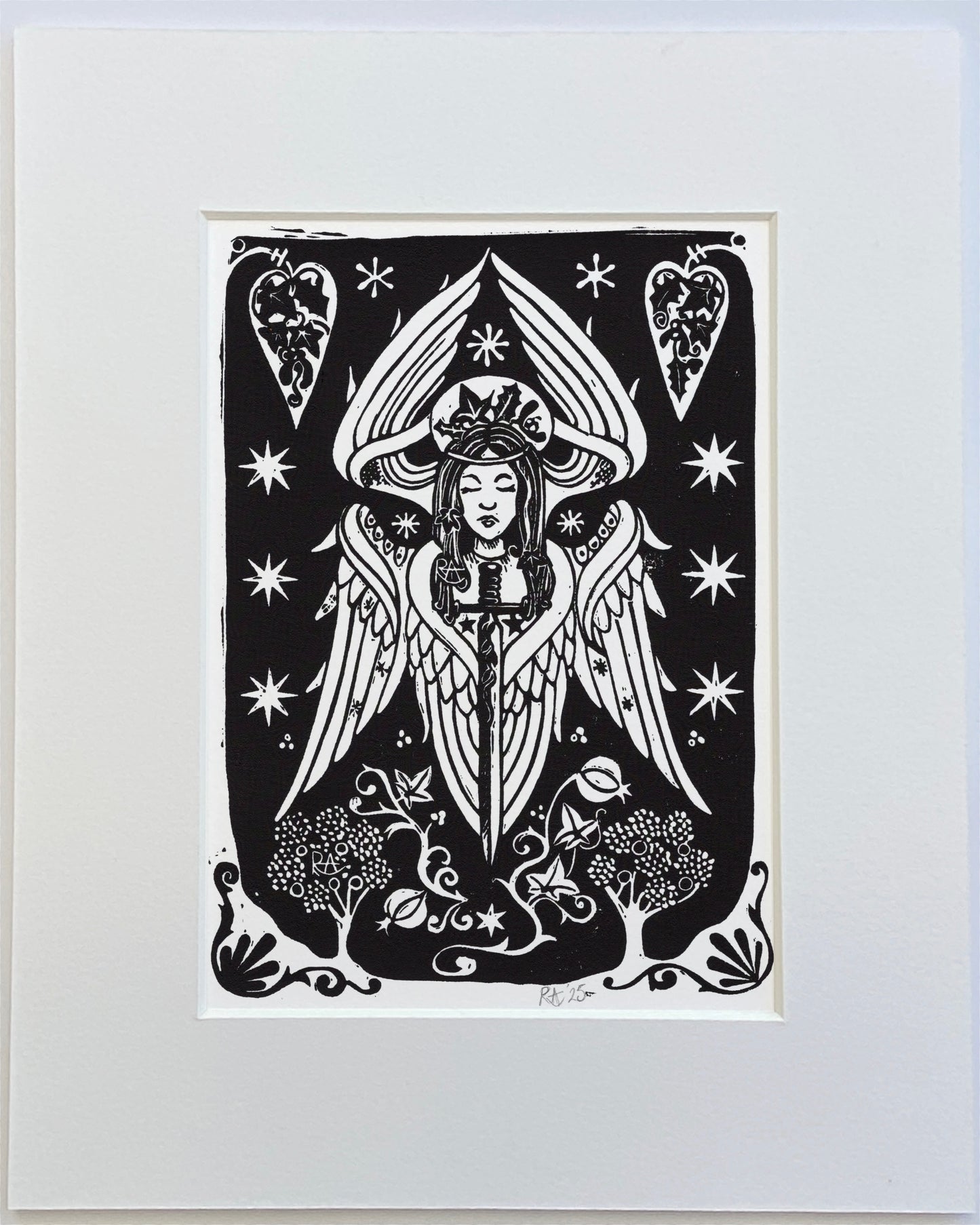 Black and white illustration of a winged figure with star and moon symbols on a white background