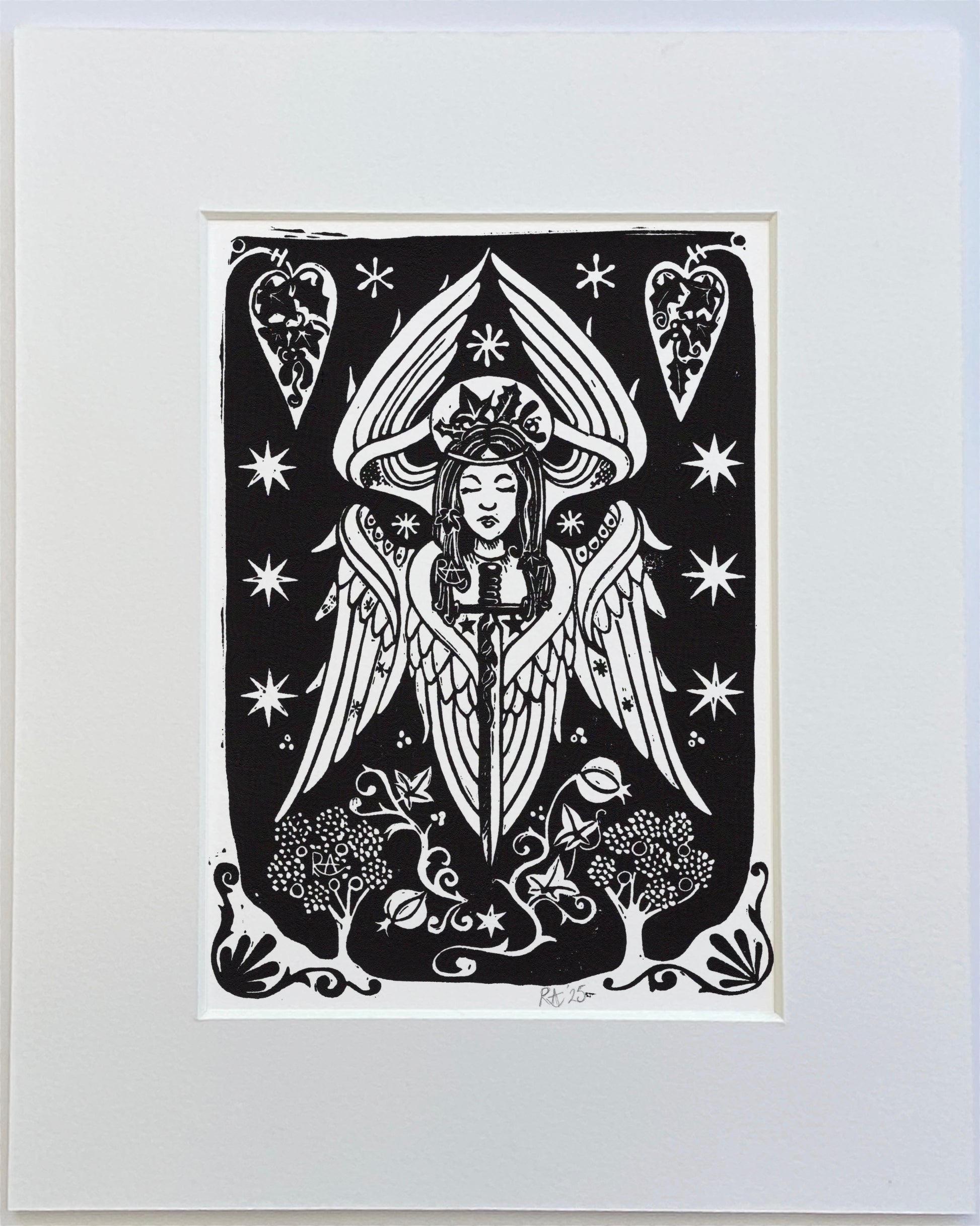 Black and white illustration of a winged figure with star and moon symbols on a white background