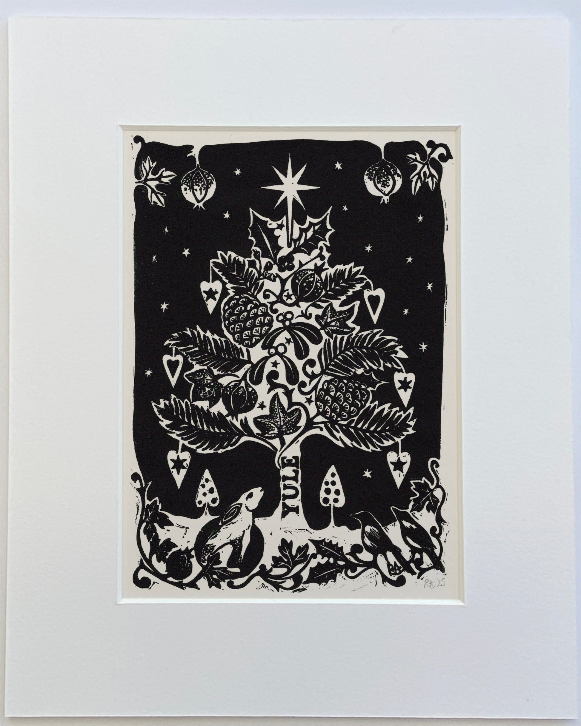 Black and white illustration of a Christmas tree with decorative elements on a white background