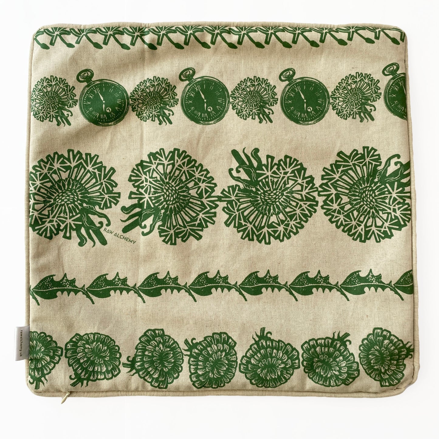 Dandelion Clocks, Natural Linen & Green Floral Stripe Cushion Cover