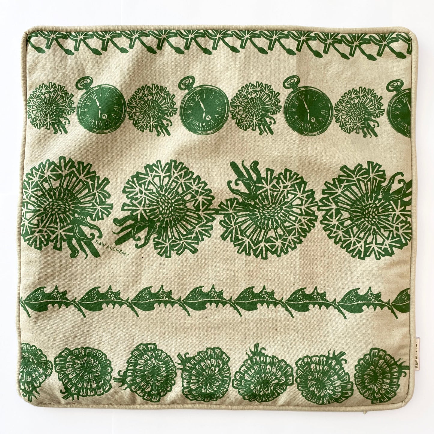Dandelion Clocks, Natural Linen & Green Floral Stripe Cushion Cover